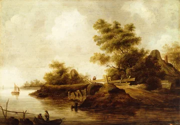 Flusslandschaft mit Figuren in einem Boot und einem Reisenden auf einer Brücke