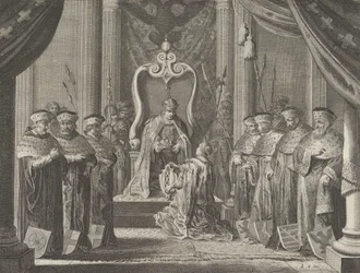 Tafel 8: Kaiser Maximilian II. verleiht dem Wappen von Amsterdam eine Krone, aus Cas..., 1638