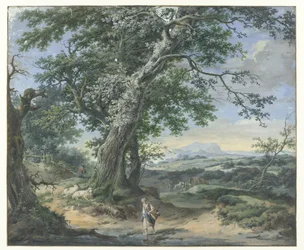 Hügelige Landschaft mit schweren Bäumen und menschlicher Staffage