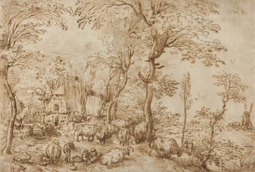 Bauern und Vieh in der Nähe eines Bauernhauses, ca. 1553-54