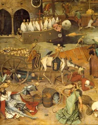 Der Triumph des Todes. Der Tod zieht den Leichenkarren. Die Körper von Kriegern und Königen liegen auf dem Boden. (1525-1569), 16. Jahrhundert. 117 x 162 cm, Museo del Prado, Madrid