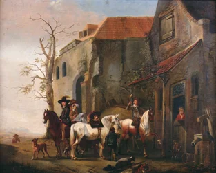 Reiter und Pferde an der Tür eines Gasthauses