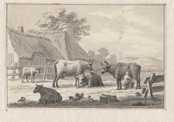 Bauernhof mit melkendem Mädchen