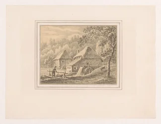 Landschaft mit Wassermühle und Scheune