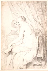 Eine sitzende Dame in leichter Negligé liest einen Brief, der von ihrer schwarzen Dienerin überbracht wurde