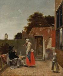 Ein Mann raucht und eine Frau trinkt in einem Hof, um 1658-60