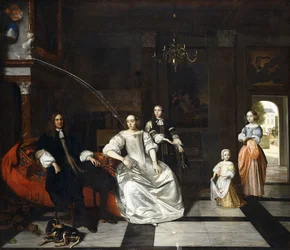 Gruppenporträt der Familie Jacott-Hoppesack mit einem Hund in einem prächtigen klassischen Interieur, eine Dame und ein Herr spazieren durch eine Tür im Park