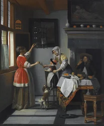 Interieur mit einem Kind, das einen Papagei füttert