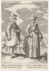 Paar, gekleidet nach englischer Mode, ca. 1610 (Adolescentis Angli et Ivvenclvae Habitvs) (Kostüme aus verschiedenen Ländern) (Variarum Gentium Ornatus)