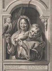 Ein Narr mit einer Eule und einer Frau am Fenster