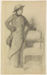 Stehende Dame mit Hut und Mantel