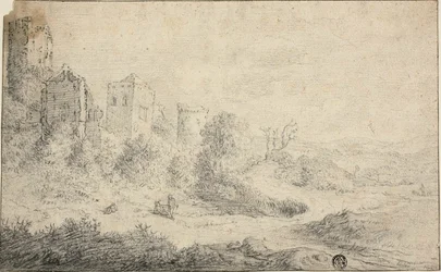 Landschaft mit Ruine und drei Figuren