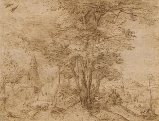 Ein Dorf mit einer Baumgruppe und einem Maultier, ca. 1552-54
