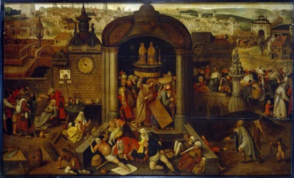 Christus vertreibt die Geldwechsler aus dem Tempel. Mit Szenen der Passion Christi im Hintergrund, vor dem Panorama der Stadt. Gemälde eines holländischen Künstlers, beeinflusst von Hieronymus Bosch