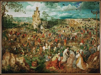 Das Tragen des Kreuzes mit Bruegels Selbstporträt rechts vom Baumstamm