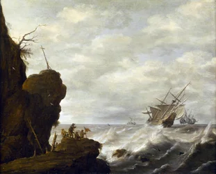 Ein niederländisches Schiff auf stürmischer See vor einer felsigen Küste, ca. 1640