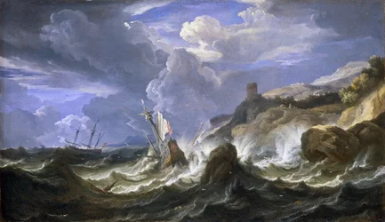 Schiffswrack in einem Sturm in der Nähe einer felsigen Küste, Mitte des 17. Jahrhunderts