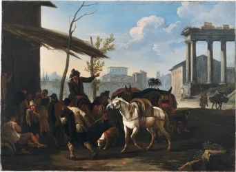 Bauern vor einem Gasthaus, eine Stadt und antike Ruinen im Hintergrund