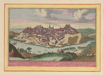 Ansicht der Stadt Toledo; Toledo am Tajo in Kastilien, einst der Hof der Goten und Mauren, die diese Stadt mit vielen bedeutenden Gebäuden schmückten (Titel auf dem Objekt); Theatrum Hispaniae (...) (Serientitel)