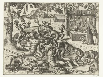Schlafender Hausierer von Affen beraubt (Serie: Affenspiel)