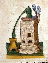 Alchemie: Apparatur zur Destillation. Gravur aus einem Buch von Pietro Andrea Mattioli (Matthiole) (1500-1577). Frankfurt
