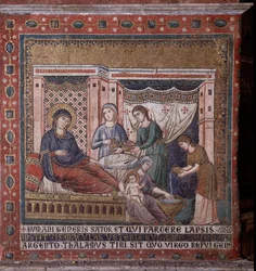 Die Geburt Marias Mosaik aus der Apsis von Pietro Cavallini (tätig um 1273-1330) Ende des 13. Jahrhunderts (Geburt Marias, Mosaik aus der Apsis von Pietro Cavallini, Ende des 13. Jahrhunderts) Rom, Kirche Santa Maria in Trastevere Italien