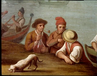 Bankettszene in Posillipo (Pausilippe), Neapel, Detail mit Fischern - Bankett in Posillipo - Detail mit Fischern. Pietro Fabris. 18. Jahrhundert. Museo Nazionale di San Martino, Neapel