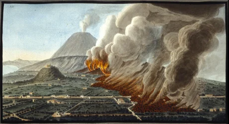 Der ausbrechende Vesuv. Diese Gouache wurde von Pierre Fabris auf Wunsch von Sir William Hamilton, dem englischen Botschafter in Neapel, angefertigt. Bibl. Braidense, Mailand.