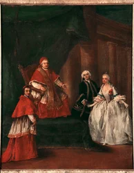 Darstellung von Papst Clemens XIII. mit seinem Neffen Ludovico Rezzonico und seiner Frau Faustina Savorgnan. Gemälde von Pietro Longhi, 1758-1762