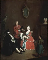 Der Maskenbesuch: Die Figur Bauta (Bautta), gekleidet in ein venezianisches Kostüm aus schwarzem Umhang, schwarzem Dreispitz und weißer Maske - (Besuch mit Bauta-Maske), ca. 1760. Maße 62 x 50 cm, Venedig, Ca
