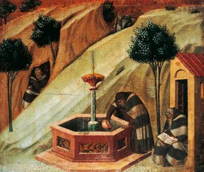 Karmelit schöpft Wasser aus der Quelle des Propheten Elija (Detail)