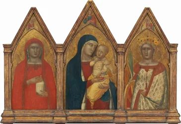 Madonna mit Kind, dem segnenden Christus und den Heiligen Maria Magdalena und Katharina von Alexandria mit Engeln [gesamtes Triptychon]
