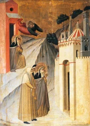 Der heilige Johannes befiehlt dem Seligen, ein Kloster in Florenz zu bauen, Fliese auf dem Altarbild der Seligen Demut