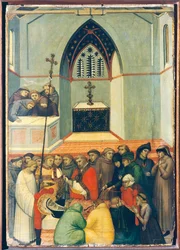 Der exhumierte Körper des Seligen wird intakt und frisch gefunden, Fliese auf dem Altarbild der Seligen Demut