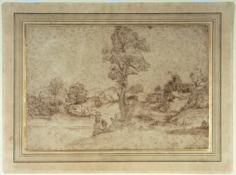Landschaft mit einem See und Gebäuden, eine Mutter und ein Kind sitzen unter einem Baum