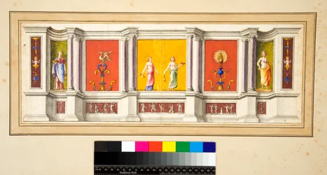 Eine lange Wand mit sieben Paneelen und einem schmalen Fries darunter