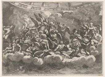 Versammlung verschiedener olympischer Götter und mythologischer Figuren unter Wolken, Apollo im Zentrum..., ca. 1680