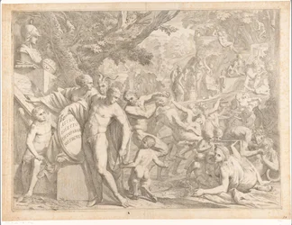 Junger Mann mit Büste der Minerva und tanzenden Satyrn