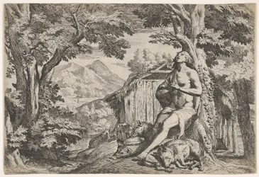 Der verlorene Sohn sitzt am Fuße eines Baumes unter Schweinen, sein Blick nach oben gerichtet..., ca. 1640-50