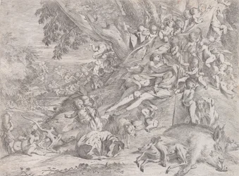 Venus und Adonis, umgeben von vielen Putti, nach der Jagd liegend, mit einem toten Eber