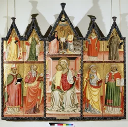 Polyptychon der Jungfrau mit Kind und Heiligen. Oben links: Heilige Katharina von Alexandrien und Heilige Maria Magdalena. In der Mitte um den gekreuzigten Christus mit der Inschrift 