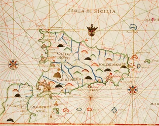 Sizilien aus dem Portolan-Atlas bestehend aus sechs Karten, von Placido Caloiro und Francesco Oliva, Pergament. 1646.