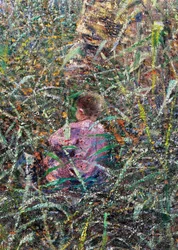 Kind auf der Wiese, Detail aus Aprilmorgen in Ligurien oder Oliven bei Albaro