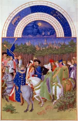 Gefolge von Adligen und Musikern zu Pferd, Blick auf den Herzogspalast von Riom (?) und den Monat Mai