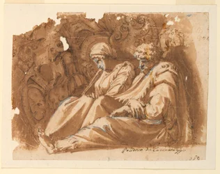 Sitzende Figuren mit Trophäe