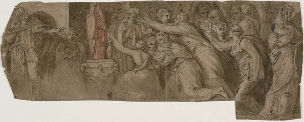 Geschichte von Niobe: Priester und Verehrer vor einer Statue von Niobe