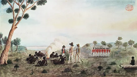 Mr. White, Harris und Laing mit einer Gruppe von Soldaten besuchen Botany Bay Colebee an diesem Ort, als er in der Nähe von Botany Bay verwundet wurde, ca. 1790