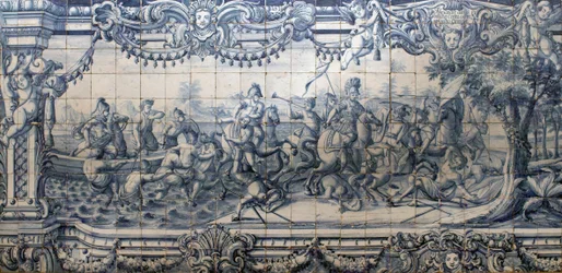 Alexander der Große (356-323 v. Chr.) im Kampf gegen die Perser - Azulejo-Tafel aus Lissabon, ca. 1745 - Nationales Azulejo-Museum, Lissabon (Portugal)