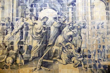 Kirche der Barmherzigkeit. Azulejos. Die Reinigung des Tempels. Jesus. Evora. Portugal.