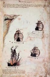 Manuskriptseite „Denkwürdigkeiten der Armadas von Portugal unter König Manuel I. (1469-1521)“, die die portugiesischen Flotten des Jahres 1497 darstellen
